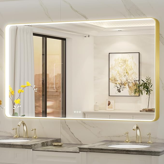 LED Mirror for Bathroom 60X36 Inch Gold Framed with Anti-Fog, Stepless Dimmable, Front Lit, LED Bathroom Vanity Mirror for Wall, Memory Function, Shatter-Proof