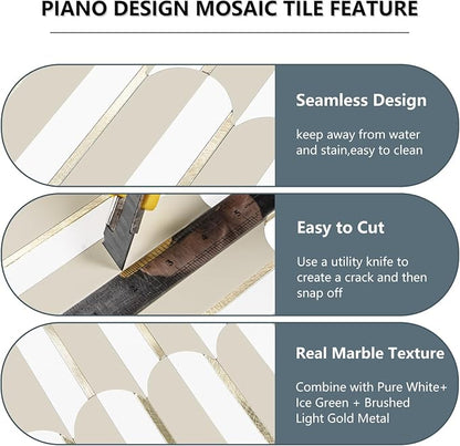 Vamos Tile Peel and Stick Backsplash Seamless Tile,PVC+Gold,Matt,10-Sheet | 11.9''x10.8'',White & Beige Self Adhesive Fish Scale Stick on Backsplash Tile for Kitchen & Bathroom & Laundry & Camper