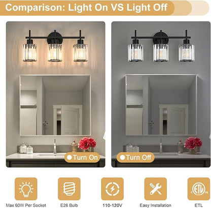 Black 3-Light Crystal Bathroom Vanity Light Fixtures, Round | Vanity Lights for Bathroom, Modern Bathroom Lighting Fixtures over Mirror (Bulbs Not Included, E26)