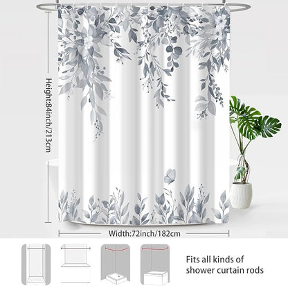 Light Grey Floral Eucalyptus Shower Curtain with Hooks, 72x84 Inch | Waterproof Fabric, Watercolor Leaves and Floral, Botanical Style, Machine Washable, Quick-Drying, for Hotel Bathroom