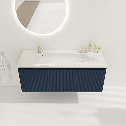 SSLine Modern 48" Floating Bathroom Vanity with Sink Wall Mounted Bathroom Vanity with Top Basin & Storage Cabinet Navy Blue Wood Hanging Vanity w/Drop-Shaped Resin Sink for Small Space