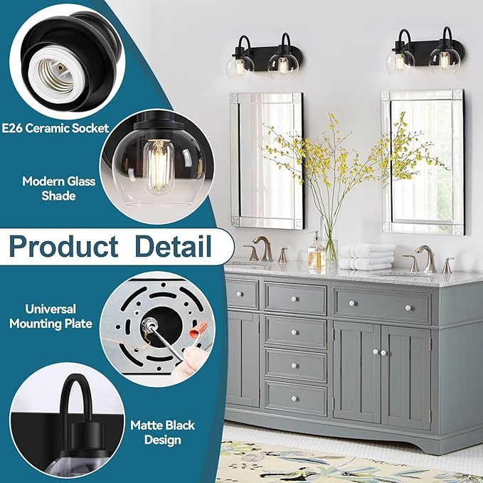 Modern 2-Light Vanity Light, Bathroom Lighting Fixture Over Mirror With Clear Glass Shade and Metal Base, Matte Black Wall Mounted for Bathroom