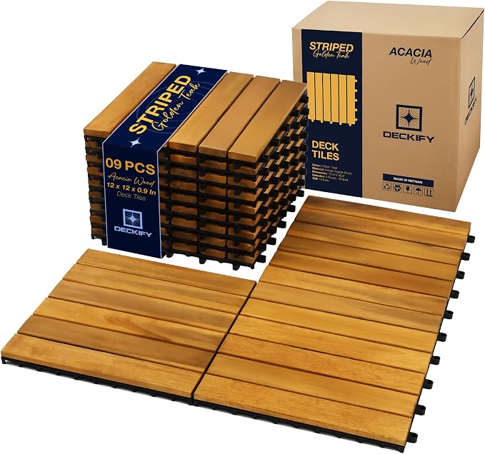 Acacia Interlocking Deck Tiles Outdoor Waterproof, Golden Teak Striped | Natural Acacia Wood, Raised Base Drainage, Non-Slip Grip, 490 lb Capacity, Oil-Rubbed Finish,Easy Clean,Tool-Free