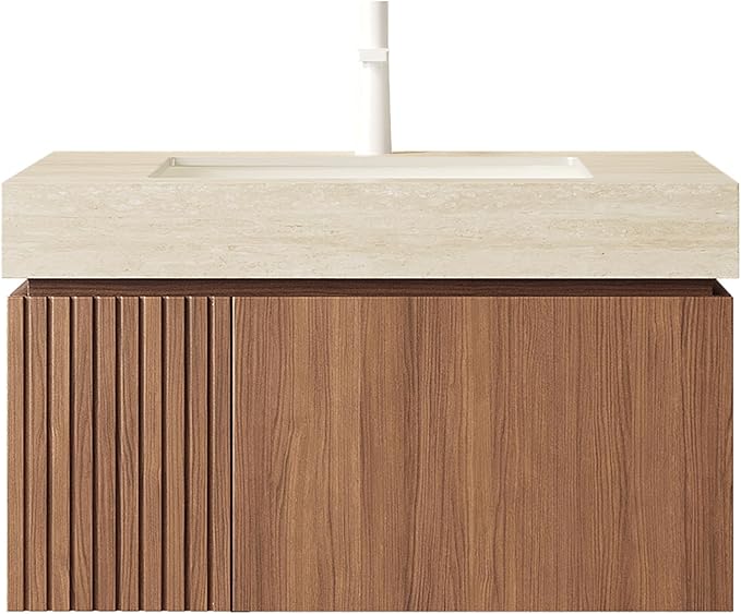 KEIKI 30 Inch Floating Bathroom Vanity with Sink, Modern Wall Mounted Storage Cabinet with Drawer, Pre-assembled Waterproof Wood Panels, Sintered Stone Top & Ceramic Basin Combo Set, Brown Oak & Beige
