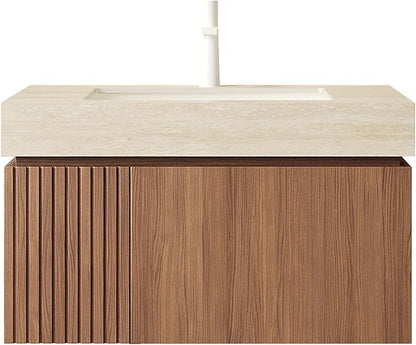 KEIKI 30 Inch Floating Bathroom Vanity with Sink, Modern Wall Mounted Storage Cabinet with Drawer, Pre-assembled Waterproof Wood Panels, Sintered Stone Top & Ceramic Basin Combo Set, Brown Oak & Beige