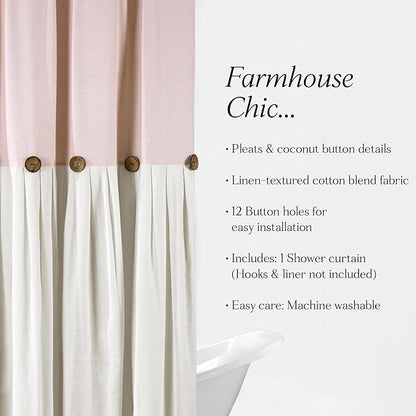 Lush Decor Linen Button Shower Curtain, 72" W x 72" L, Blush & Off White - Pink Bathroom Curtain - Fabric Shower Curtains - Farmhouse Bathroom Decor (Pack of 6)