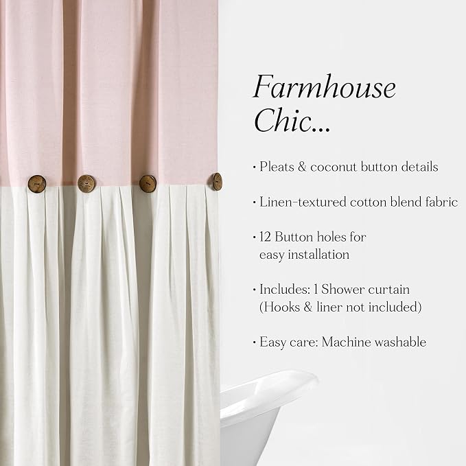 Lush Decor Linen Button Shower Curtain, 72" W x 72" L, Blush & Off White - Pink Bathroom Curtain - Fabric Shower Curtains - Farmhouse Bathroom Decor