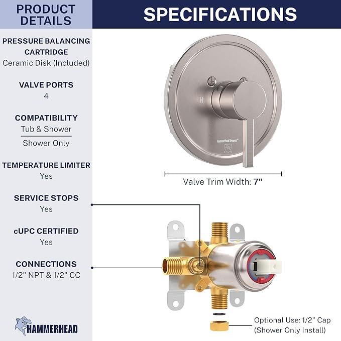HammerHead Showers Solid Metal Single-Handle Trim Kit with Rough-In Shower Valve, Volume and Temperature Control, Pressure Balance, Brushed Nickel
