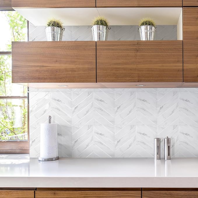 STICKGOO Herringbone Peel and Stick Backsplash, White Marble, 10 Sheets | 12.6 x 9.7 in, Thicker Rectangular Vinyl Stick-On Wall Tiles, Easy Alignment, Waterproof, Easy to Clean, Kitchen/Bathroom