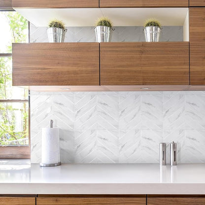 STICKGOO Herringbone Peel and Stick Backsplash, White Marble, 10 Sheets | 12.6 x 9.7 in, Thicker Rectangular Vinyl Stick-On Wall Tiles, Easy Alignment, Waterproof, Easy to Clean, Kitchen/Bathroom