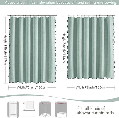 MIULEE 72"x84" Extra Long Scalloped Linen Shower Curtain Seafoam Green | Linen Textured, Waterproof, Washable, 12 Metal Hooks, Heavy Duty Cloth, Black Border, Shower Curtain for Bathroom Bathtub