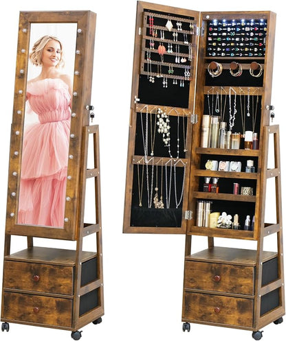 Full Length Mirror with Storage Shelves Jewelry Armoire Cabinet | Organizer Standing with 20 LED Lights Lockable and 2 Drawers (Rustic Brown) Adjustable Tilt Angles Gift for Her