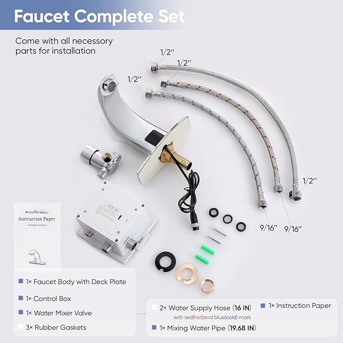 Automatic Touchless Bathroom Sink Faucet Sensor Motion Activated Commercial Faucets Hands Free Infrared Residential Elegant Basin Tap with Deck Plate Water Mixer Valve Control Box (Chrome)