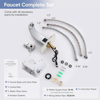 Automatic Touchless Bathroom Sink Faucet Sensor Motion Activated Commercial Faucets Hands Free Infrared Residential Elegant Basin Tap with Deck Plate Water Mixer Valve Control Box (Chrome)