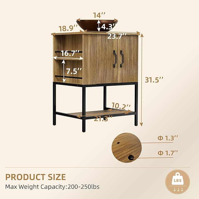 VNN Small Bathroom Vanity with Sink - 24 Inch Vanity with Sink, Freestanding Cabinet with Open Shelf, Modern Iron Wood Bathroom Cabinet with Countertop Tempered Glass Vessel, Oak