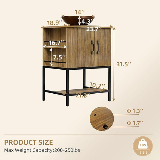 VNN Small Bathroom Vanity with Sink - 24 Inch Vanity with Sink, Freestanding Cabinet with Open Shelf, Modern Iron Wood Bathroom Cabinet with Countertop Tempered Glass Vessel, Oak