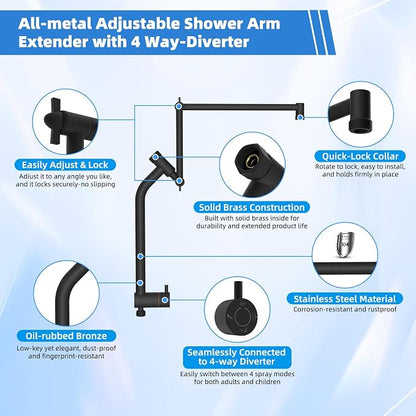 Metal 10" Rain Shower Head with Handheld, 10-Mode with Filter, Easy Reach | Oil Rubbed Bronze, High-Pressure Rainfall Showerhead, 4-Way Diverter Pause Mode, Adjustable 16" Extension Arm/71" Hose/Holder