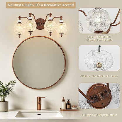Vintage Bathroom Vanity Light, 4-Light Antique Red Bronze Finish Wall Sconce with Globe Glass Shades, Retro Mirror Light for Bathroom, Powder Room