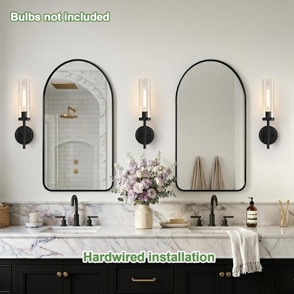 MOKATNG Hardwired Wall Sconces, Matte Black Bathroom Sconces with Clear Glass, Modern Wall Light Fixtures for Bathroom Mirror Vanity, Living Room, Bedroom, Hallway, Stairway, Cabinet, Foyer