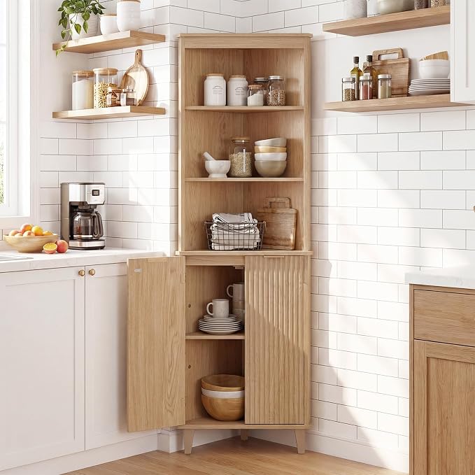 Giantex 68" Tall Corner Cabinet with Fluted Doors (Oak) | Modern Bathroom Floor Storage Cabinet, 6-Tier Space Saver Display Shelves for Kitchen, Living Room, Hallway, Laundry