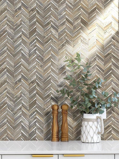 DICOFUN 10-Sheet Herringbone Peel and Stick Backsplash for Kitchen, Distressed Wood Wood Look PVC Mixed Metal Chevron Stick on Backsplash Wall Tiles