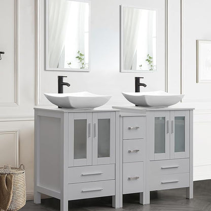 UEV 60" Double Sink Bathroom Vanity,Grey Bathroom Vanity with Double Side Vanity Cabinets & Removable 3 Drawer Storage Cabinet,Modern Artistic Ceramic Vessel Sink Combo,Mirror Not Included(032WH)