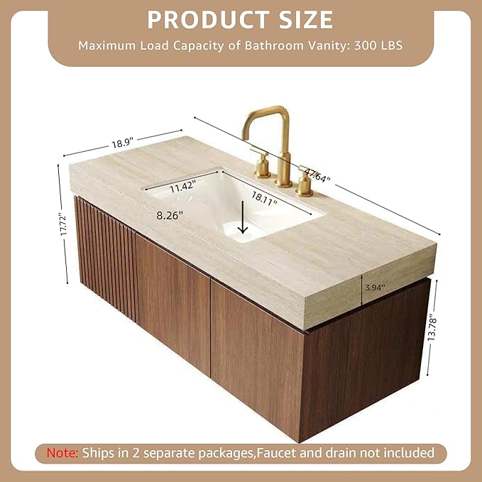 48” Floating Bathroom Vanity with Sink, Wall-Mounted Cabinet with Drawer & Doors, Roma Travertine-Pattern Countertop, Undermount Basin, 3 Faucet Hole, Soft-Close, Pre-Assembled, Brown Oak