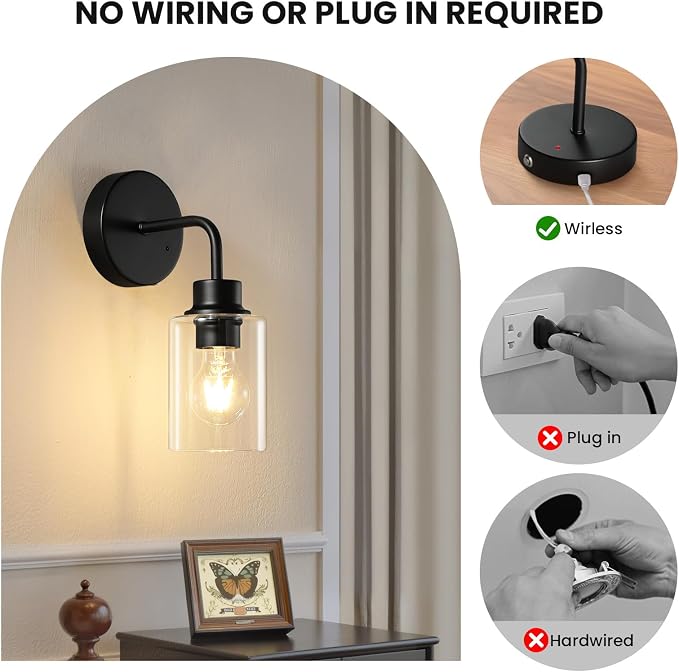 Epinl Battery Operated Black Wall Sconce Set of 2, Wireless Rechargeable Wall Lights with Remote Control, Modern Dimmable Wall Mount Lamps for Bedroom Living Room Bathroom, 3000K