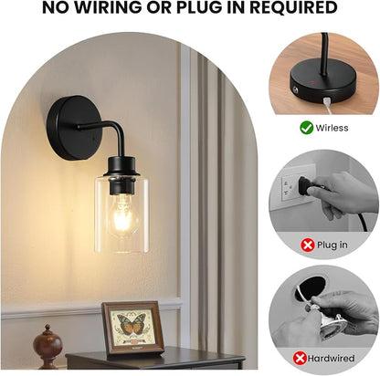 Epinl Battery Operated Black Wall Sconce Set of 2, Wireless Rechargeable Wall Lights with Remote Control, Modern Dimmable Wall Mount Lamps for Bedroom Living Room Bathroom, 3000K