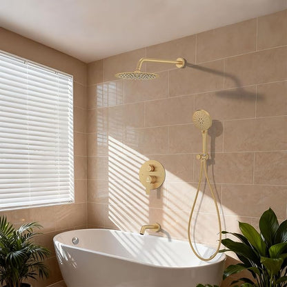 3 Functions Shower System，Modern Three-Setting 10-Inch Round Rain Shower Head and Faucet Set，Shower Faucet Set Complete Rough-in Valve and Trim Kit Included（Brushed Gold）