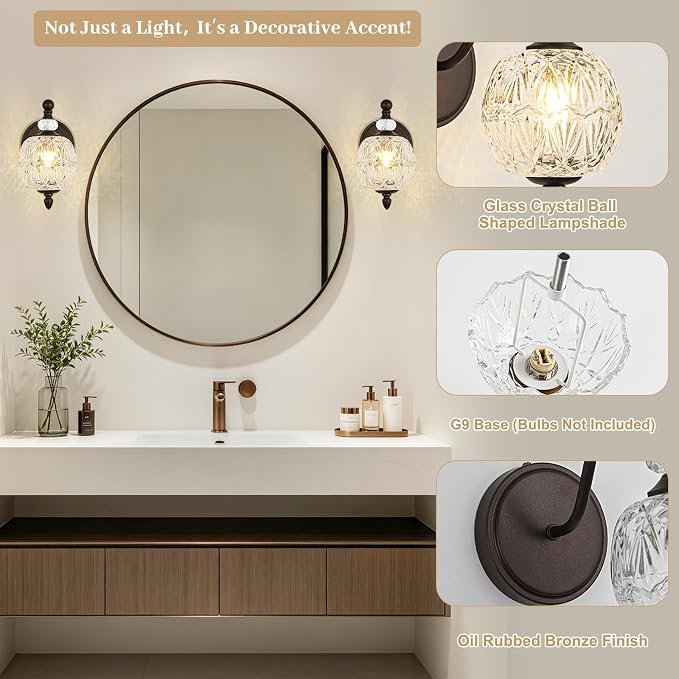 1 Piece Vintage Wall Sconce, 1-Light Mid Century Oil Rubbed Bronze Finish Wall Sconce with Globe Glass Shade, Retro Light for Bathroom, Bedroom, Living Room,Powder Room