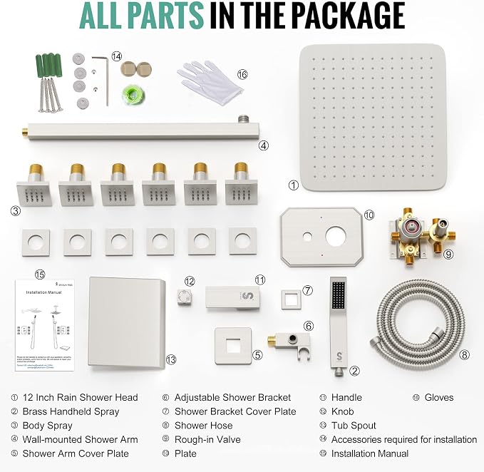 Waist Massage Spray Shower System with 6 Body Jets and Tub Spout, 12'' Rainfall Bathtub Shower System with Shower Jet, Wall Mounted Rain Shower and Handheld Shower Faucet Sets Complete, Brushed Nickel
