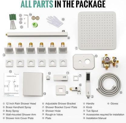 Waist Massage Spray Shower System with 6 Body Jets and Tub Spout, 12'' Rainfall Bathtub Shower System with Shower Jet, Wall Mounted Rain Shower and Handheld Shower Faucet Sets Complete, Brushed Nickel