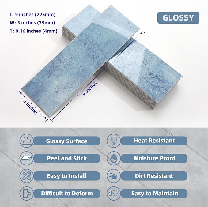 Tilingview 30 PCS Peel and Stick Backsplash Tile for Kitchen/Bathroom/Living Room, 3"x 9" Self-Adhesive Subway Tile for Backsplash, Imitation Glazed Tiles/Handmade Tiles (Glossy Sky Blue)