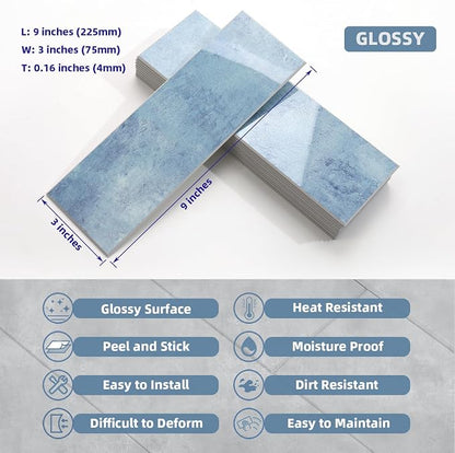 Tilingview 30 PCS Peel and Stick Backsplash Tile for Kitchen/Bathroom/Living Room, 3"x 9" Self-Adhesive Subway Tile for Backsplash, Imitation Glazed Tiles/Handmade Tiles (Glossy Sky Blue)