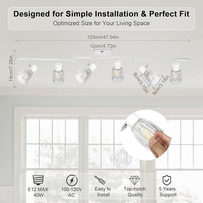 HiBay 6-Light Track Lighting, Flexible Modern Ceiling Light Fixture White | with Glass Shades, Flush Mount Ceiling Wall Track Spot Lights Indoor for Kitchen, Living Room, Bedroom, E12 Base, No Bulbs