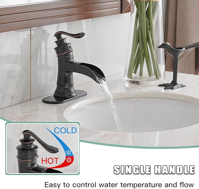 BWE Waterfall Bathroom Faucet Oil Rubbed Bronze Single-Handle One Hole Sink Faucet Farmhouse Bath Vanity Lavatory Restroom Faucets Antique