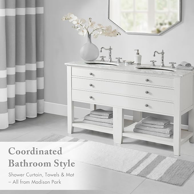 Madison Park Reversible Spa Cotton Bath Rug 100%-Cotton Striped Ultra Soft Water Absorbent, Fast Drying, Bath-Mats, Non-Slip Absorbent Quick Dry Mats for Tub, Shower Room, and Bathroom, 24x72, Grey | Quick Dry, Ultra Soft, Pile, Machine Washable, Plush...