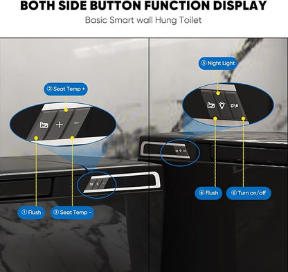 Black Basic Smart Function Wall Hung Toilet Combo, Built-In Water Tank, Heated Seat,Auto Flush,Foot Sensor Flush,Nightlight, with In-Wall Carrier (No Need to buy an Additional Water Tank)