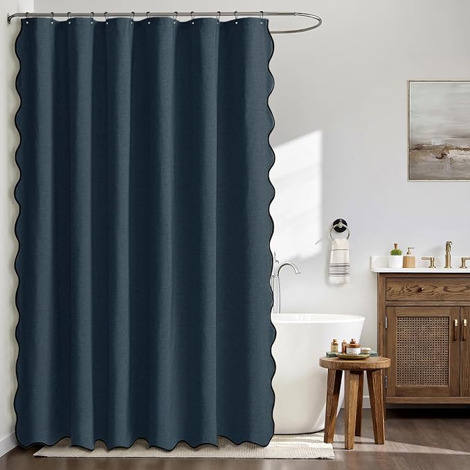 MIULEE 72"x84" Extra Long Scalloped Linen Shower Curtain Navy Blue | Linen Textured, Waterproof, Washable, 12 Metal Hooks, Heavy Duty Cloth, Black Border, Shower Curtain for Bathroom Bathtub