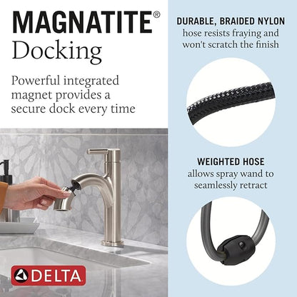 Delta Nicoli 1 Hole Pull Down Bathroom Faucet with Sprayer, Brushed Nickel Single Hole Bathroom Sink Faucet with Pull Out Sprayer for Vanity, Push-Pop Drain, Stainless 15749LF-SSPD
