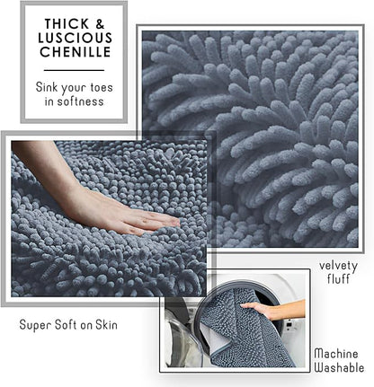 Hearth & Harbor Bathroom Rugs, Chenille Bath Mat - Machine Washable Bath Mats for Bathroom Non-Slip Backing Rubber, Quick Dry Bathroom Mat, 17 x 24 + 20 x 32 - Stone Blue