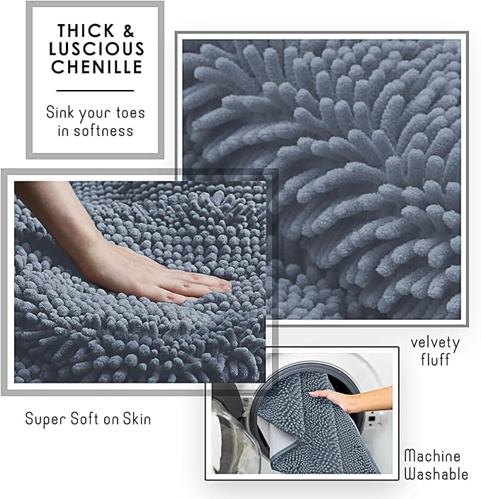 Hearth & Harbor Bathroom Rugs, Chenille Bath Mat - Machine Washable Bath Mats for Bathroom Non-Slip Backing Rubber, Quick Dry Bathroom Mat, 17 x 24 + 20 x 24 - Stone Blue