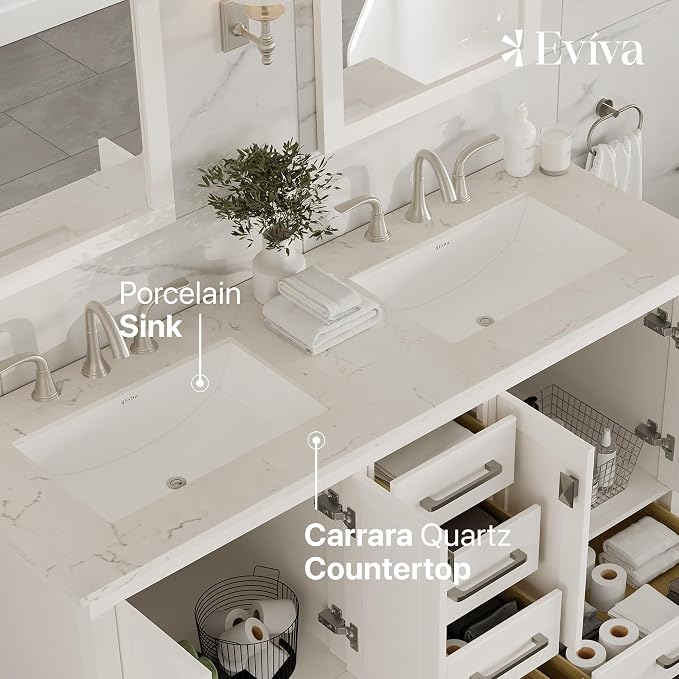 Aberdeen 60 in. White Double Sink Bath Vanity with Carrara Quartz Top and Undermount Porcelain Sinks