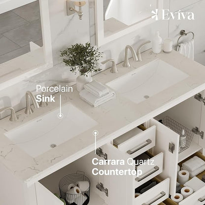 Aberdeen 60 in. White Double Sink Bath Vanity with Carrara Quartz Top and Undermount Porcelain Sinks