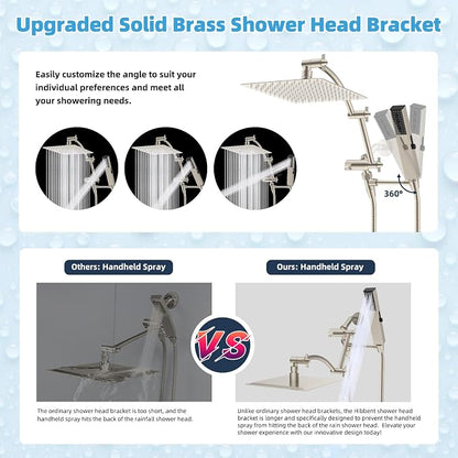 Hibbent All Metal CUPC Certified 10'' Rainfall Shower Head, Dual Shower Head Combo, High Pressure Handheld 4 Sprays Shower Wand, 16'' Adjustable Extension Arm, 71'' Hose, Shower Holder, Brushed Nickel