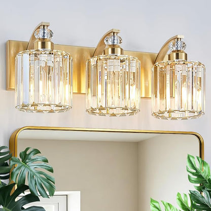 3-Lights Brushed Brass Bathroom Light Fixture Gold Vanity Lights Modern Crystal Bathroom Vanity Lighting Over Mirror Wall Sconce with K9 Crystal Shade E26 Base for Living Room, Bedroom Wall Lamp