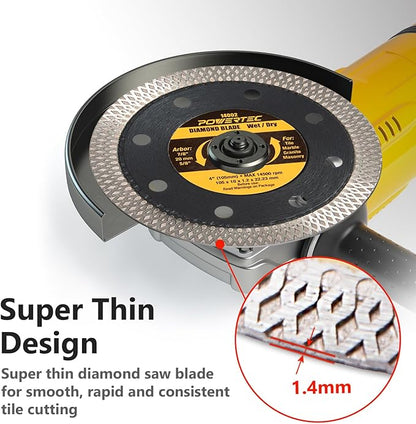POWERTEC 14032 4 Inch Diamond Saw Blade for Handheld Tile Saw & Angle Grinder – 1pk Super Thin Turbo Mesh Rim Blade for Cutting Porcelain, Granite & Ceramic Tile, w/4pk Large Square Grout Sponge