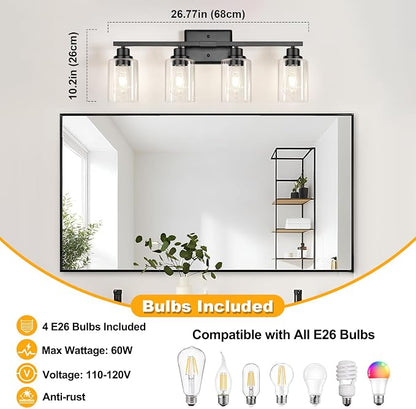 Unicozin Modern Black Bathroom Light Fixtures, 4-Light Vanity Lights Over Mirror with E26 LED Bulbs Included, Wall Sconce with Clear Glass Shades for Living Room Bedroom Hallway Kitchen