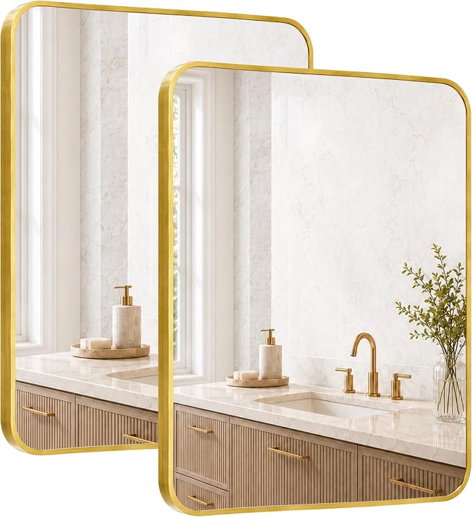 2-Pack 24x30 Inch Brushed Gold Rounded Rectangle Vanity Mirrors | Double Vanity or Two Bathrooms, Pair or Separate Use, Aluminum Frame, Slim Front Profile, Two-Way Mount